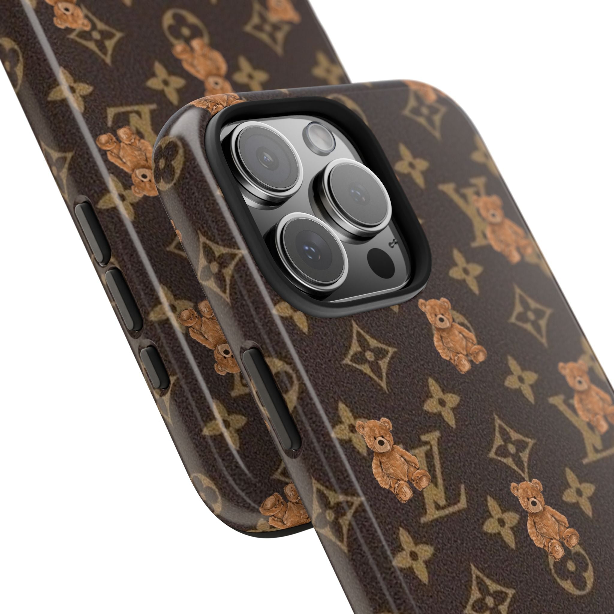 Phone case in monogram print with teddy bears, raised camera rings and side buttons