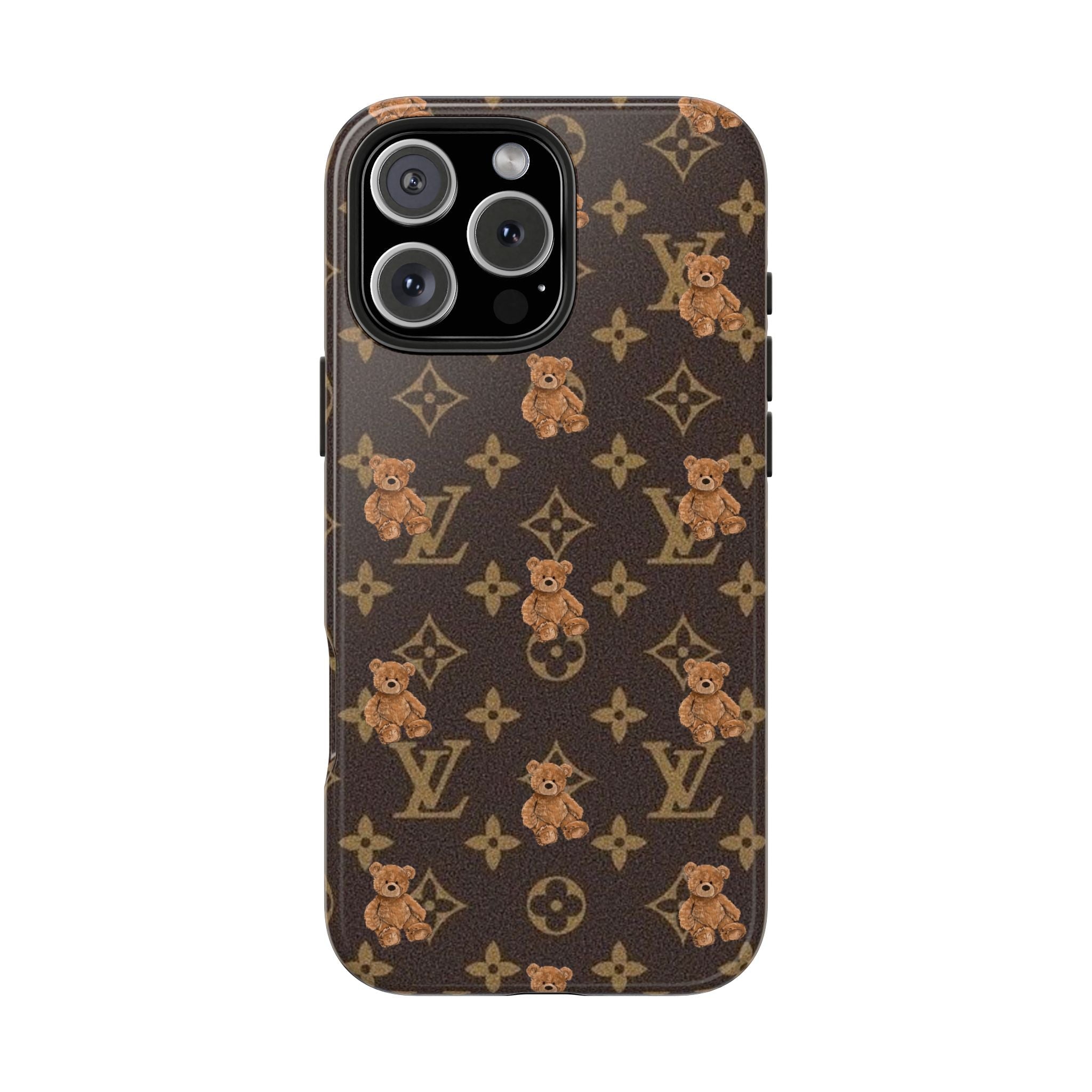 Phone case with teddy bear and monogram print, cutouts for dual cameras and flash