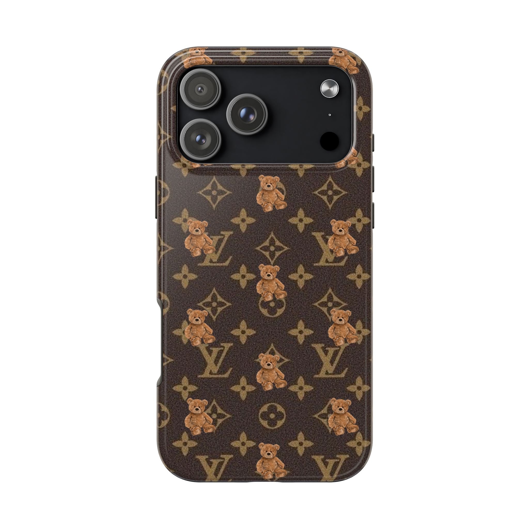 Phone case with dark monogram pattern and teddy bear motif, camera cutout