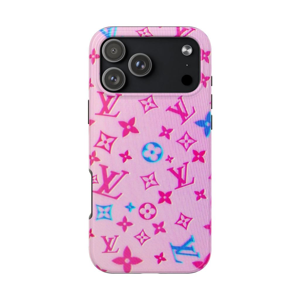Pink and blue holographic phone case with repeating logo icons and camera cutouts
