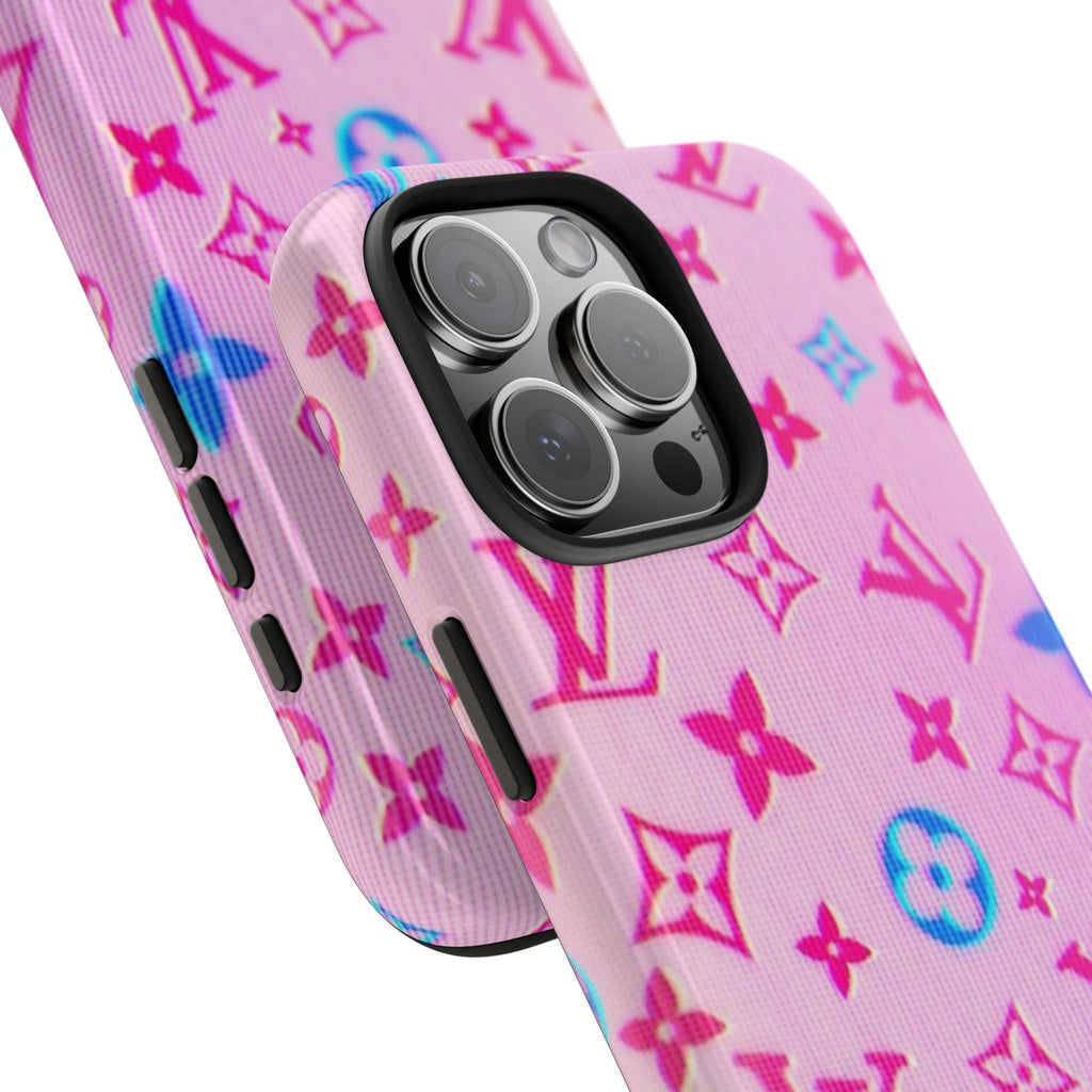 Angled pink and blue holographic phone case with camera lens cutouts and logo pattern