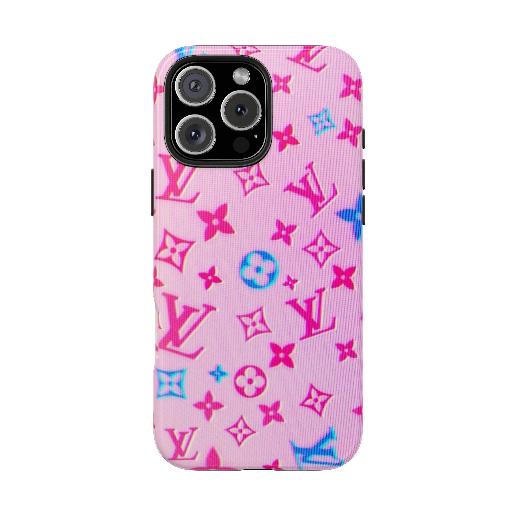 Pink and blue holographic phone case with repeating icon pattern and camera cutout