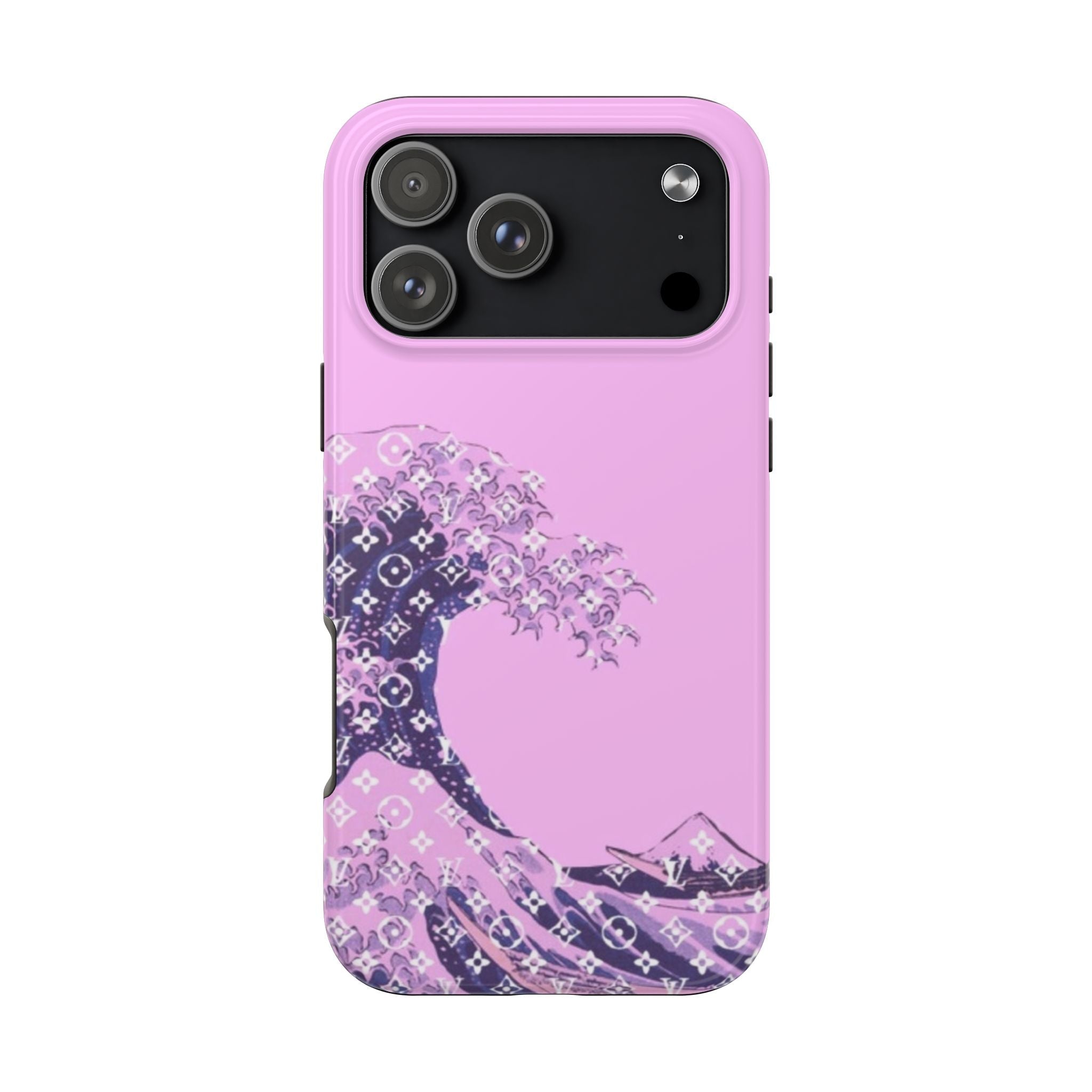 Pink LV Ocean phone case with purple wave artwork and camera cutouts