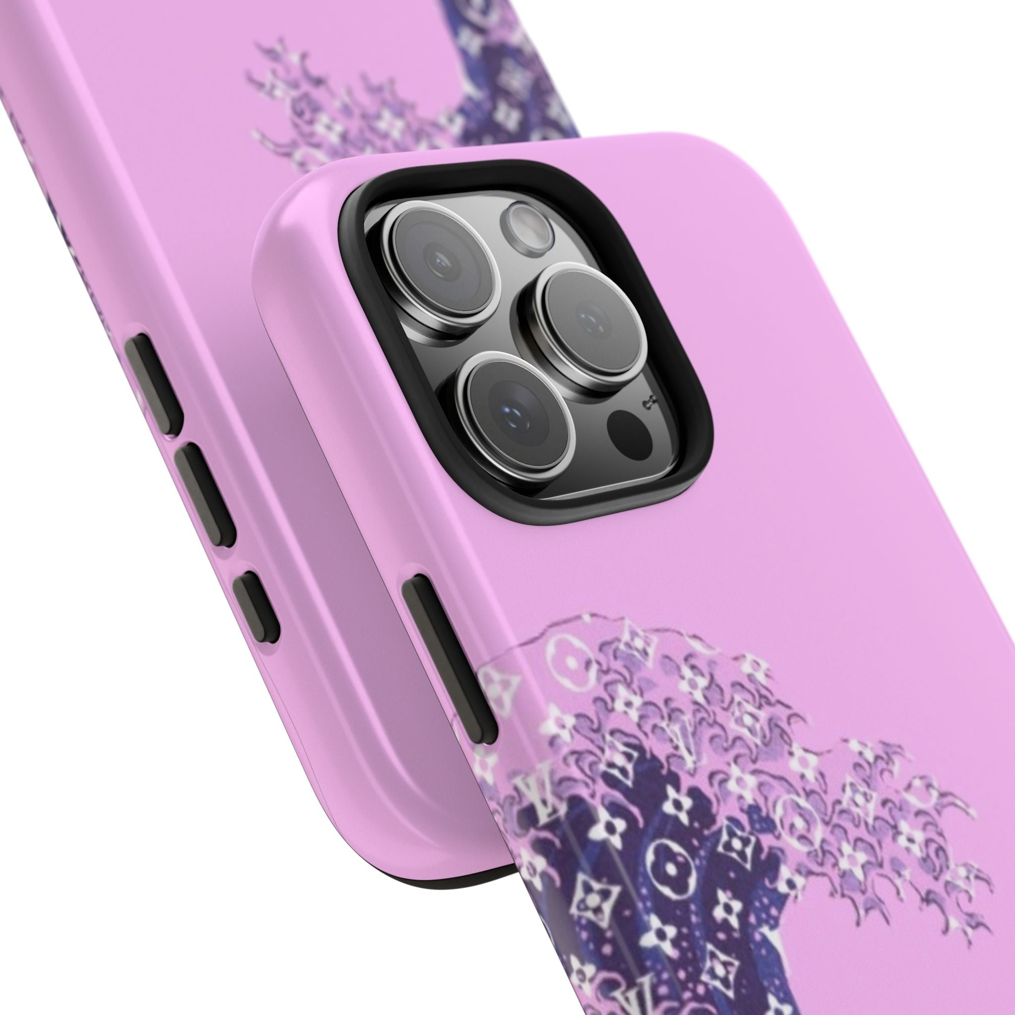 Pink phone case with button openings and purple wave pattern near camera