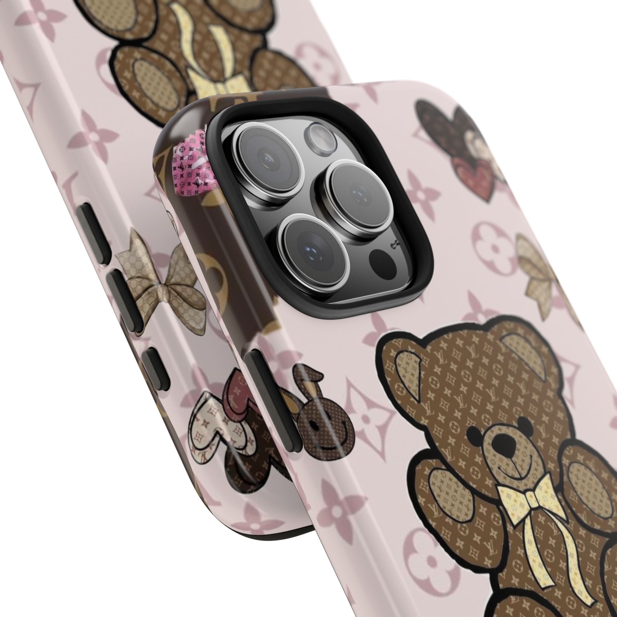 Side view pink teddy bear phone case with raised camera cutouts and ribbon detail