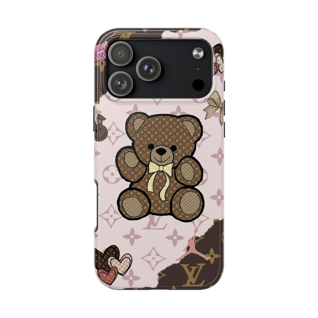Pink phone case with cute teddy bear graphic, heart bow and LV-style monogram pattern