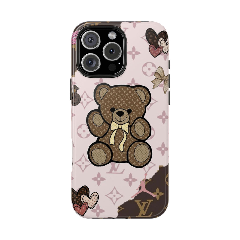 Pink LV teddy bear phone case with heart-and-flower charms and monogram style background