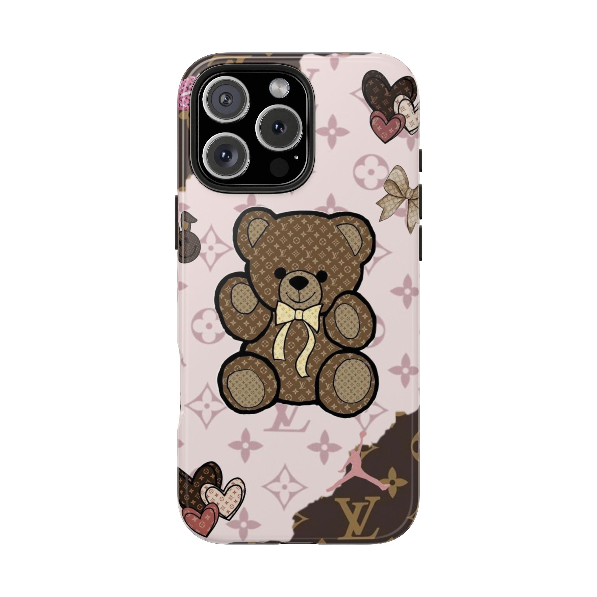 Pink LV teddy bear phone case with heart-and-flower charms and monogram style background