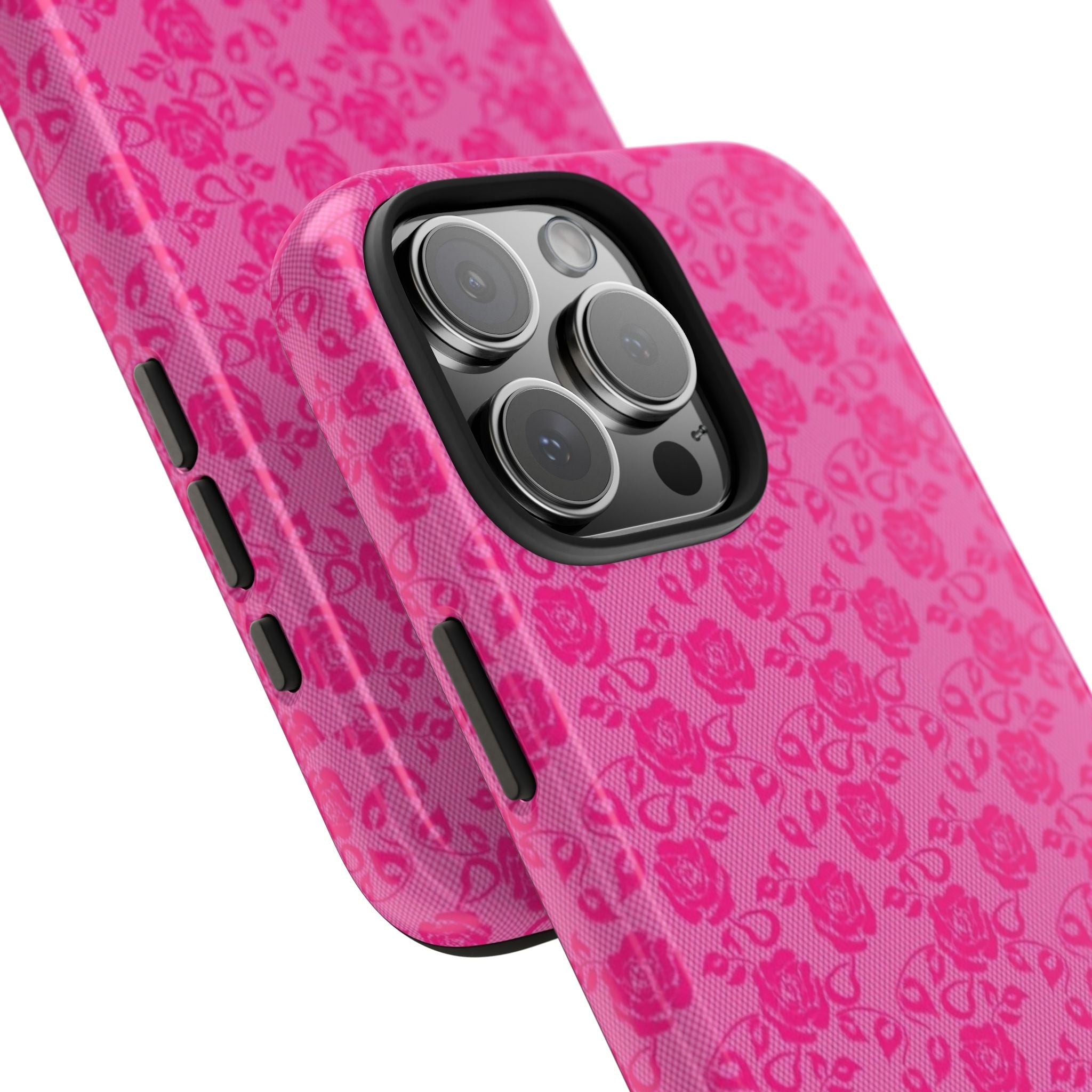 Close-up: magenta rose floral phone case with triple camera cutout and side button openings