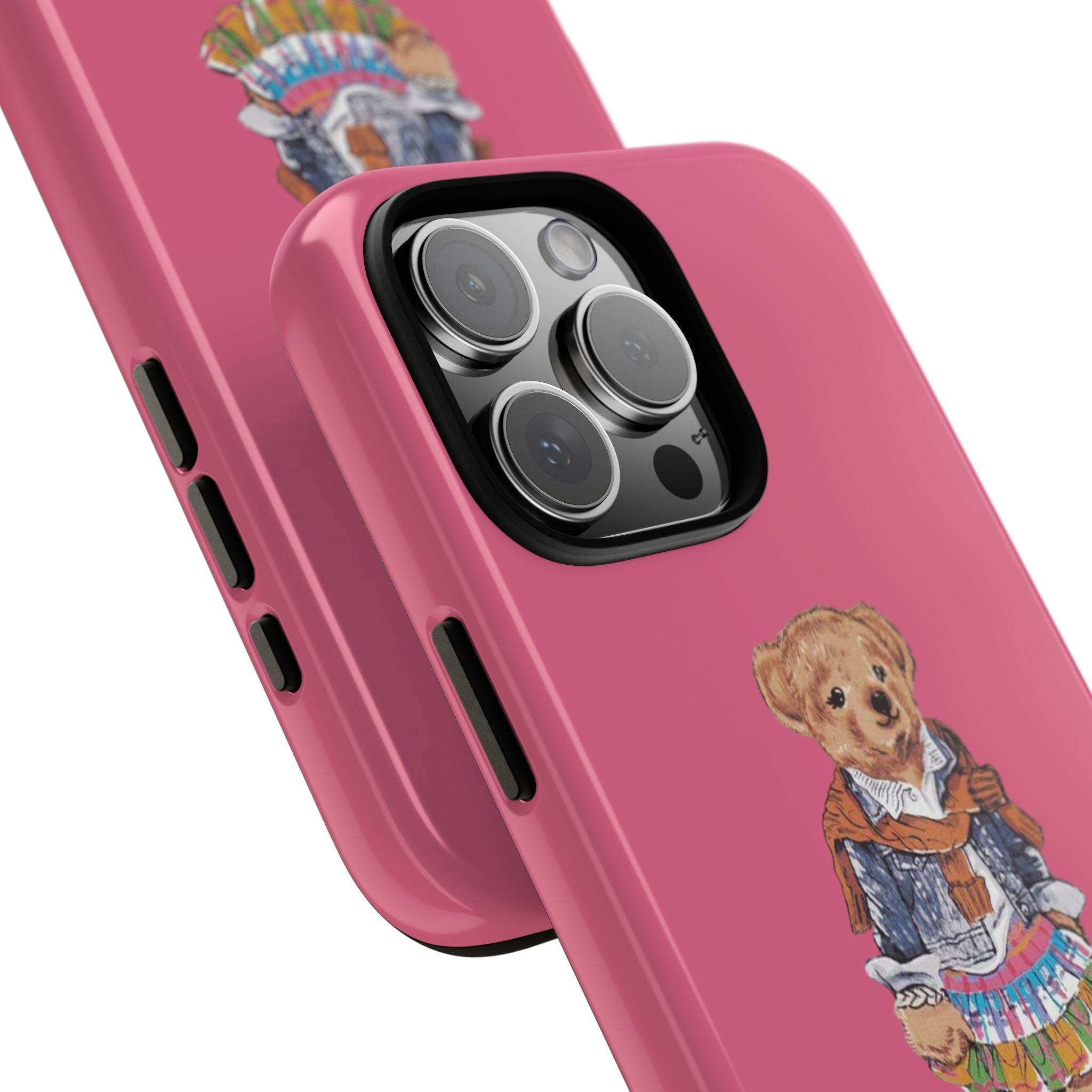 Magenta pink phone case, diagonal view; girl teddy bear graphic and side buttons
