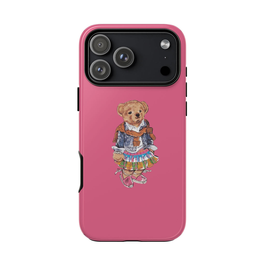 Magenta pink phone case with teddy bear girl illustration, dual camera window