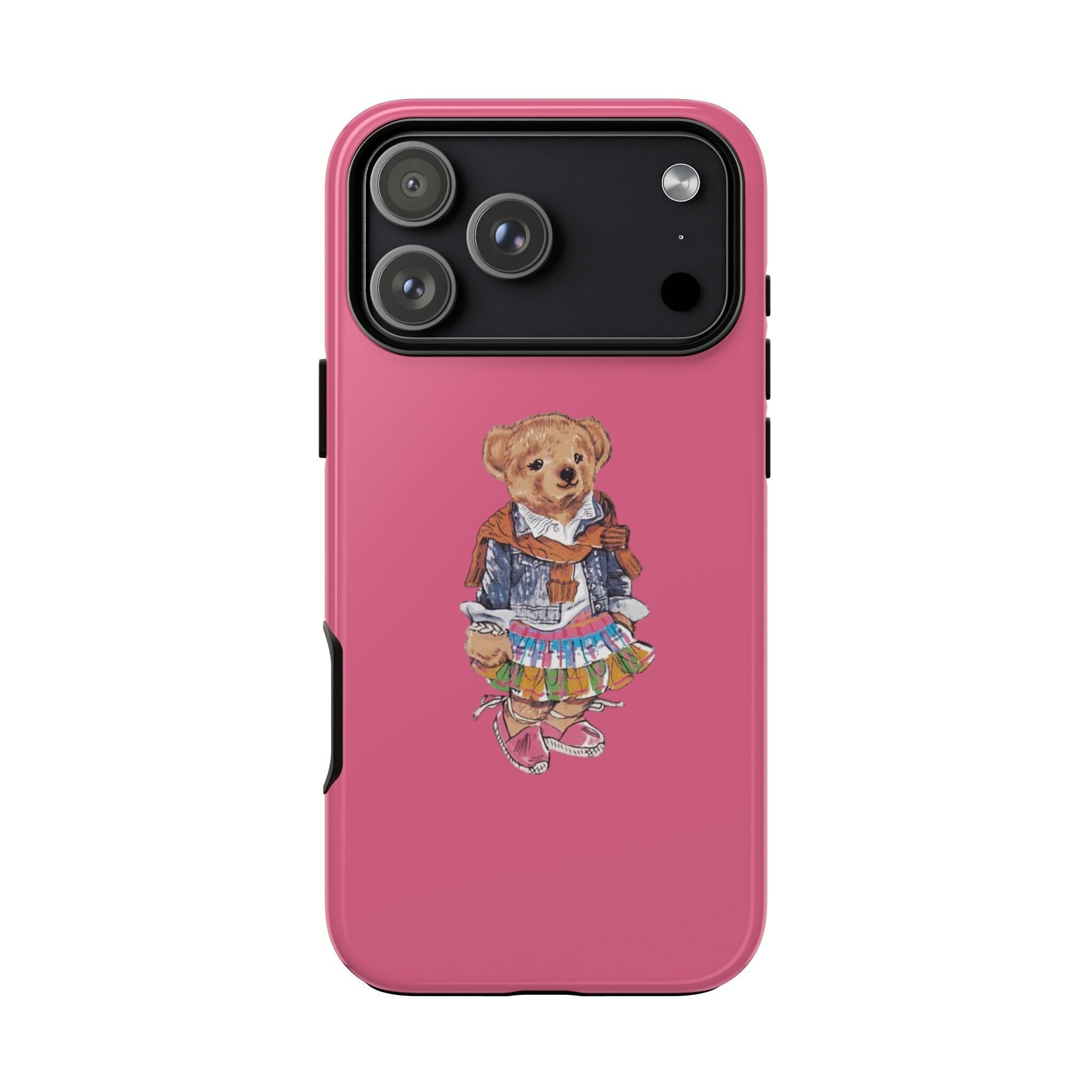Magenta pink phone case with teddy bear girl illustration, dual camera window