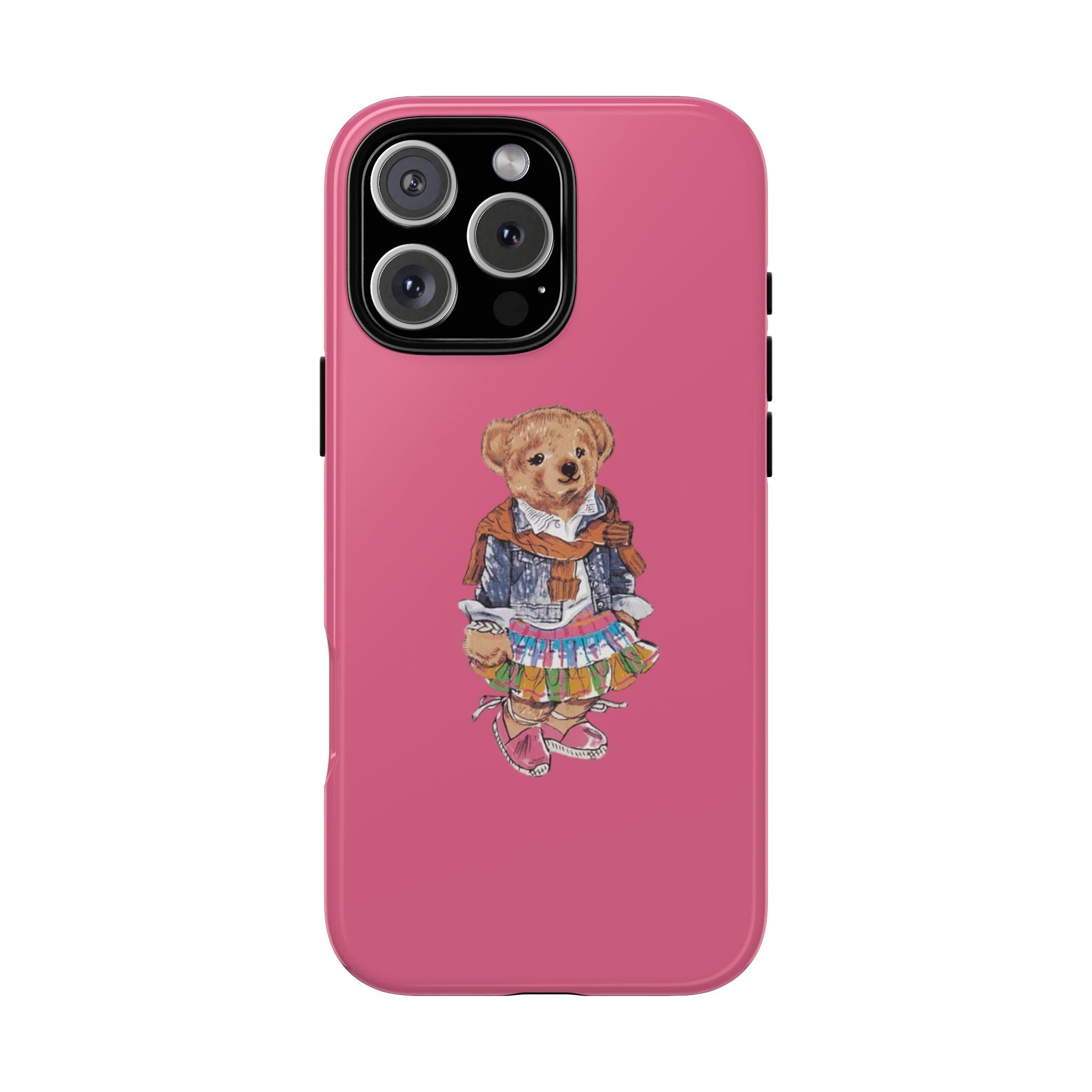 Magenta pink phone case with cartoon girl teddy bear on front, camera cutout