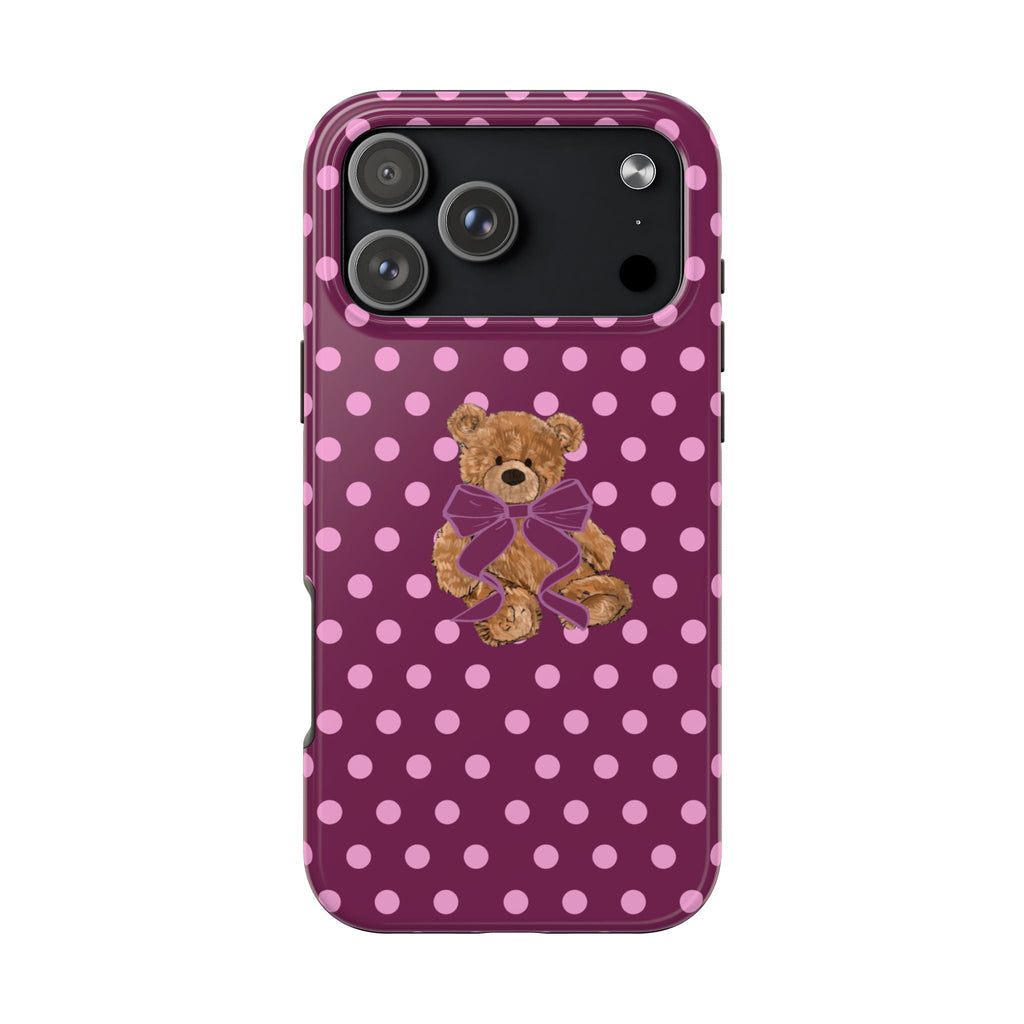 Magenta polka dot phone case with teddy bear and purple bow graphic