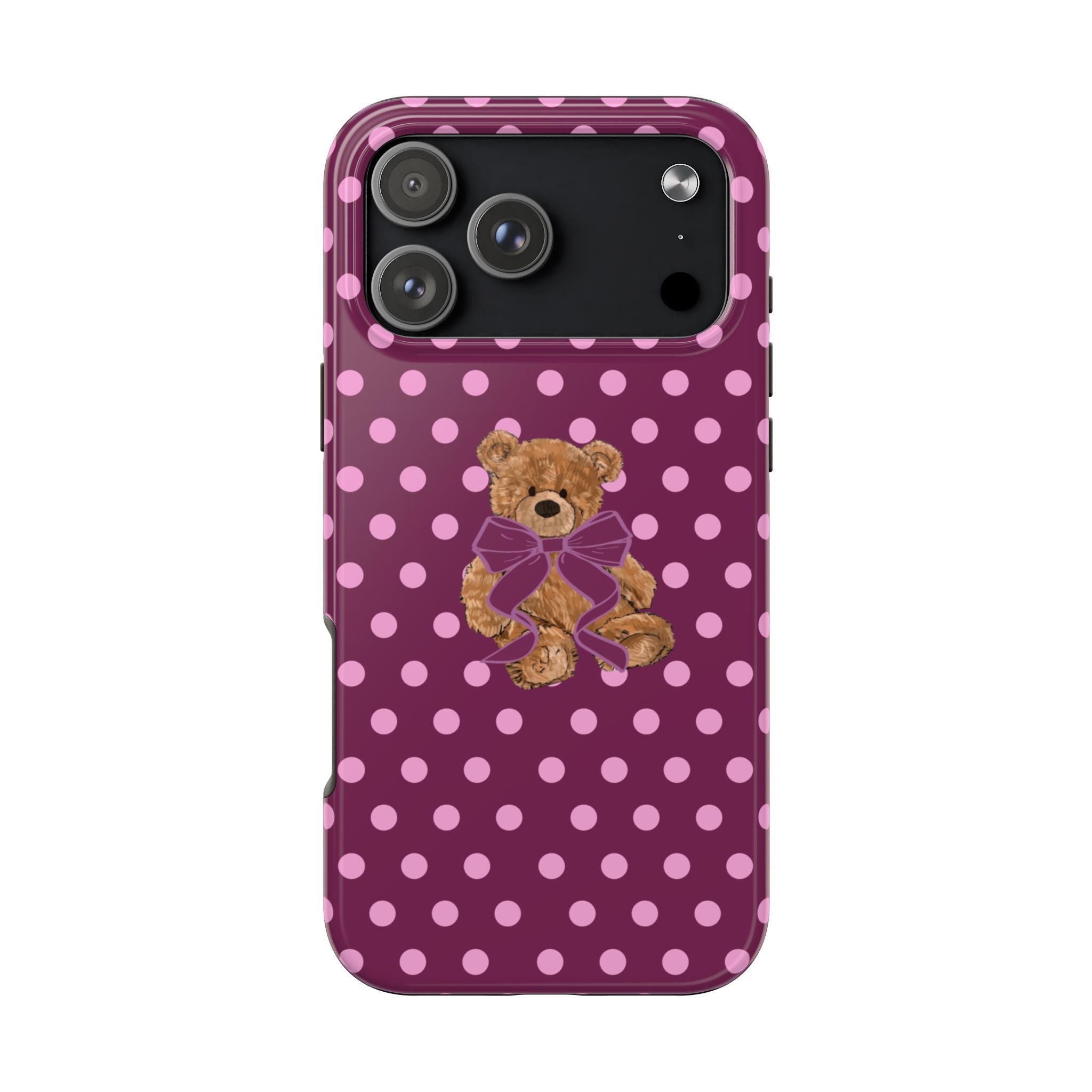 Magenta polka dot phone case with teddy bear and purple bow graphic