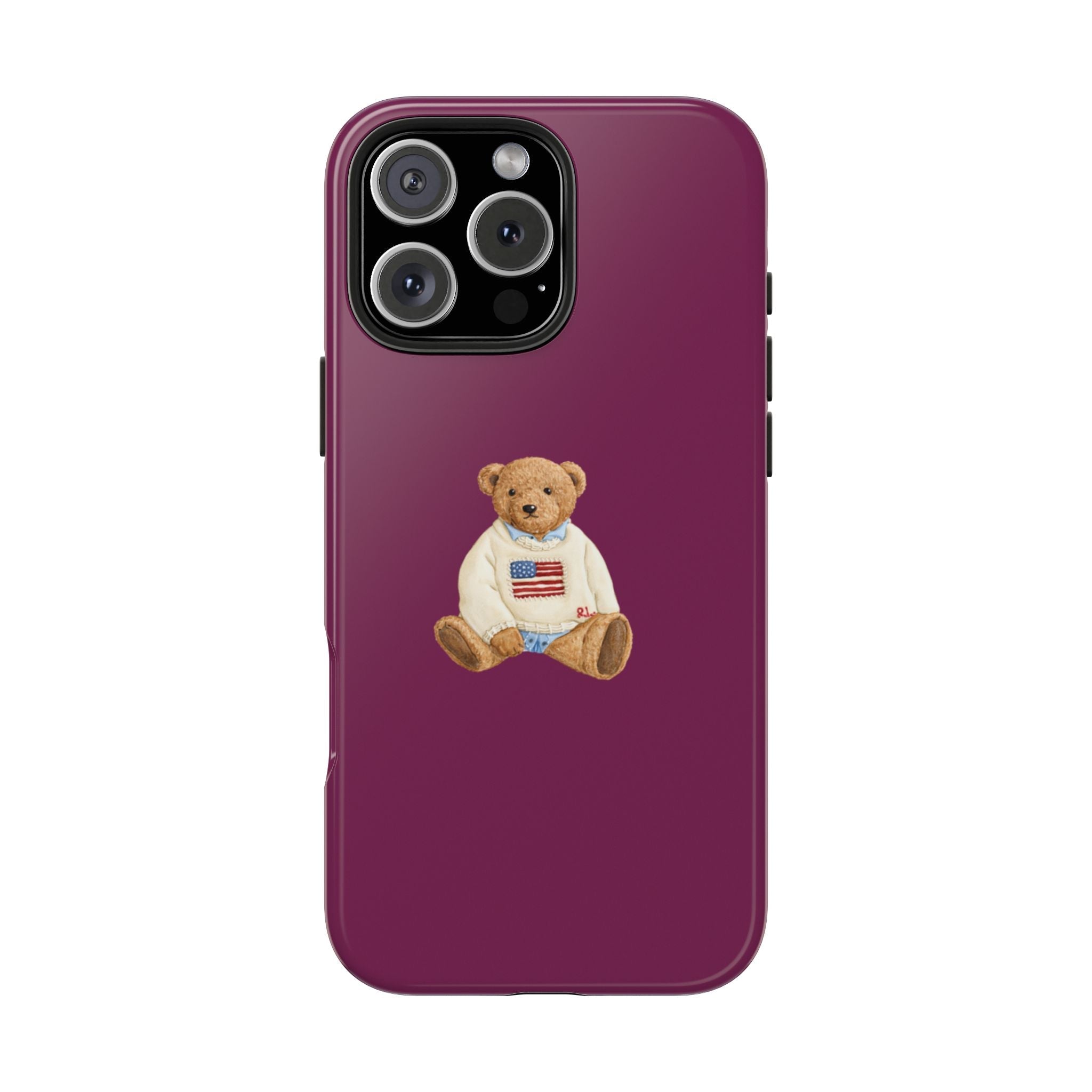 Magenta phone case with teddy bear wearing U.S. flag shirt, centered front design