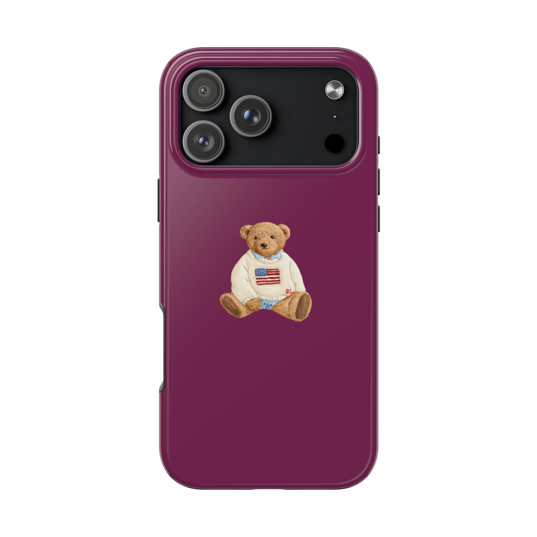Magenta phone case, teddy bear in U.S. flag outfit on back, camera cutouts