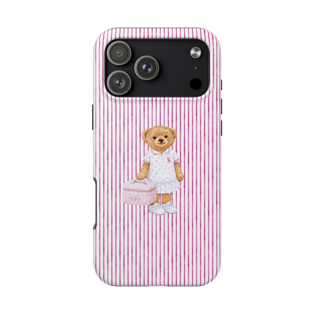 Pink/magenta striped phone case with teddy bear in white outfit