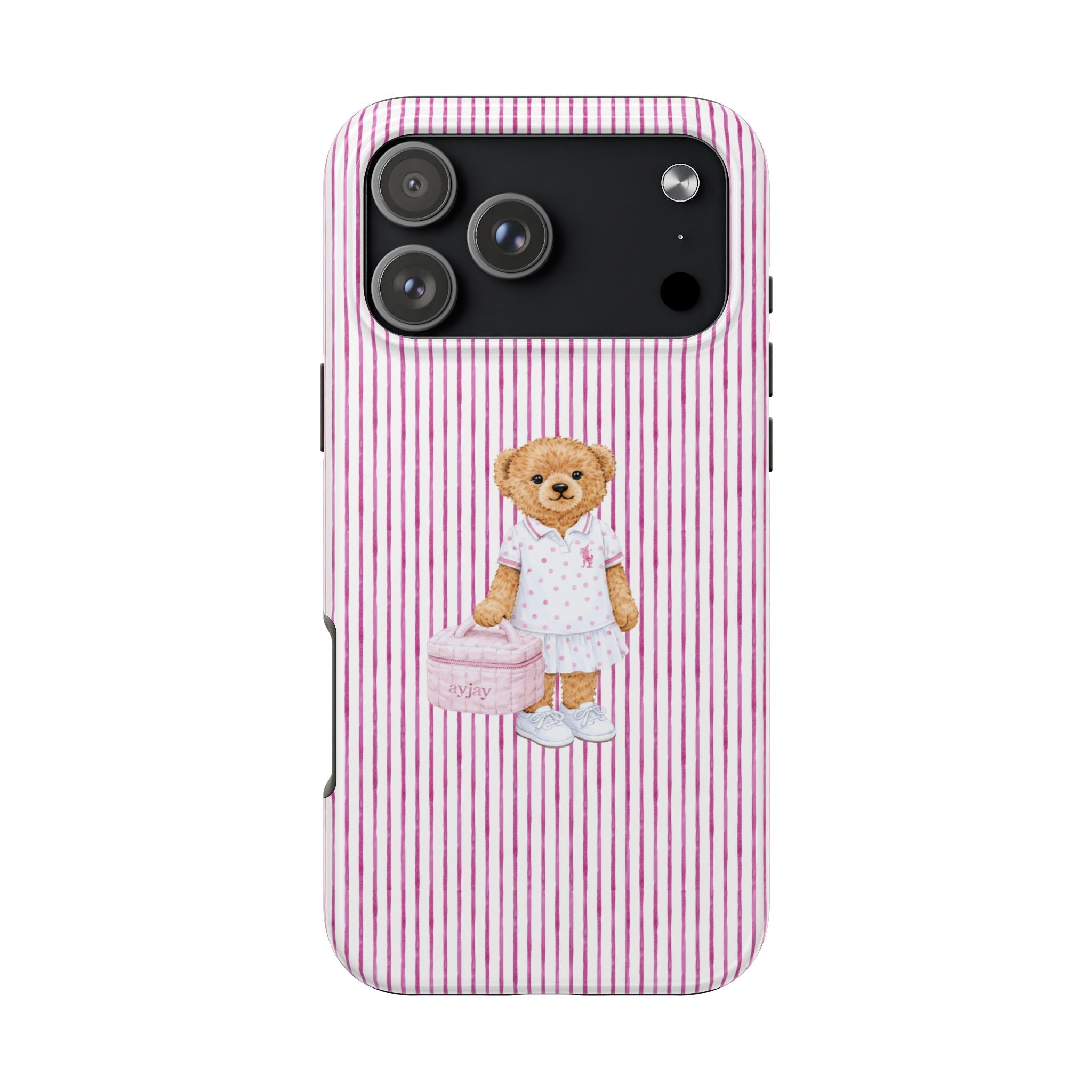 Pink/magenta striped phone case with teddy bear in white outfit