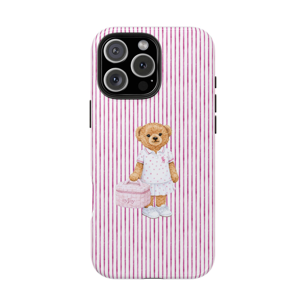 Pink/magenta striped phone case with teddy bear design and raised camera cutout