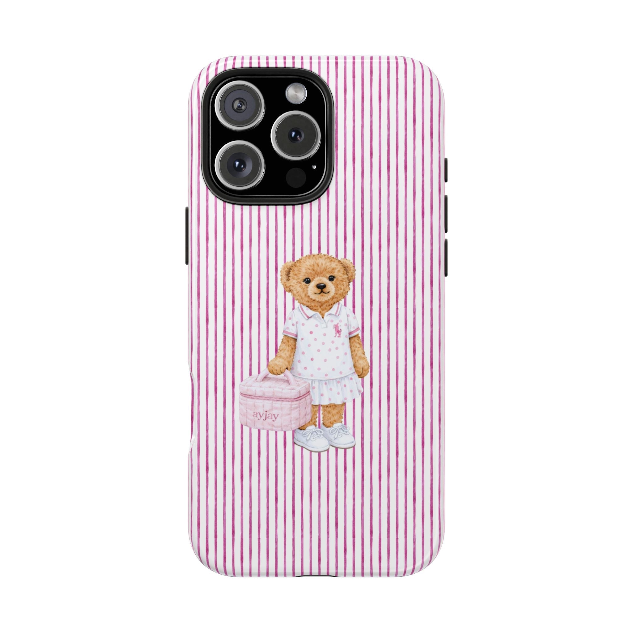 Pink/magenta striped phone case with teddy bear design and raised camera cutout