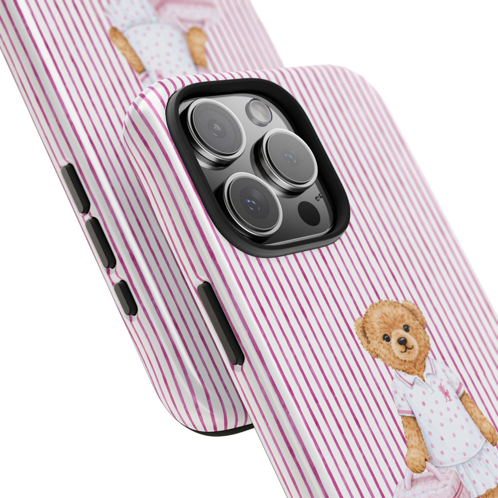 Striped phone case with teddy bear patch; side buttons and camera lens cutout