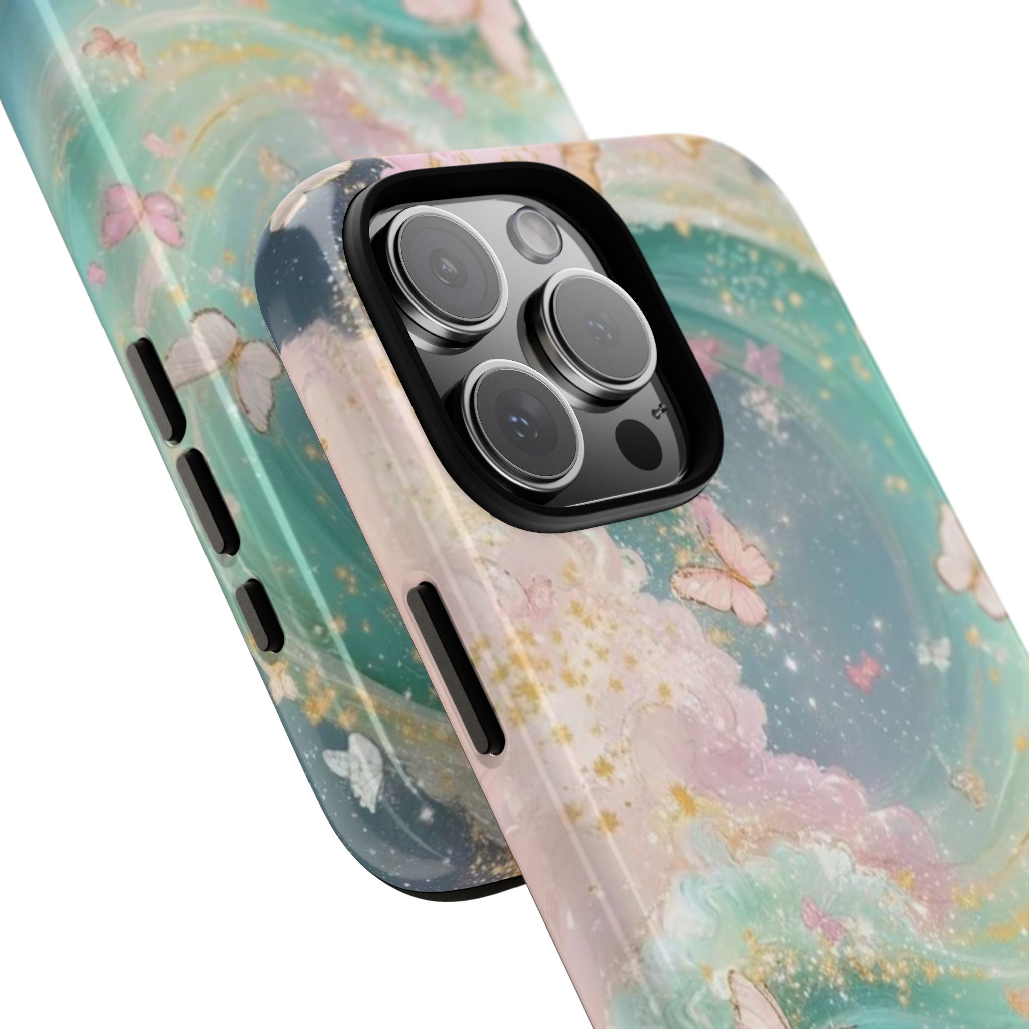 Close-up butterfly sky phone case showing camera lens openings and pastel teal design
