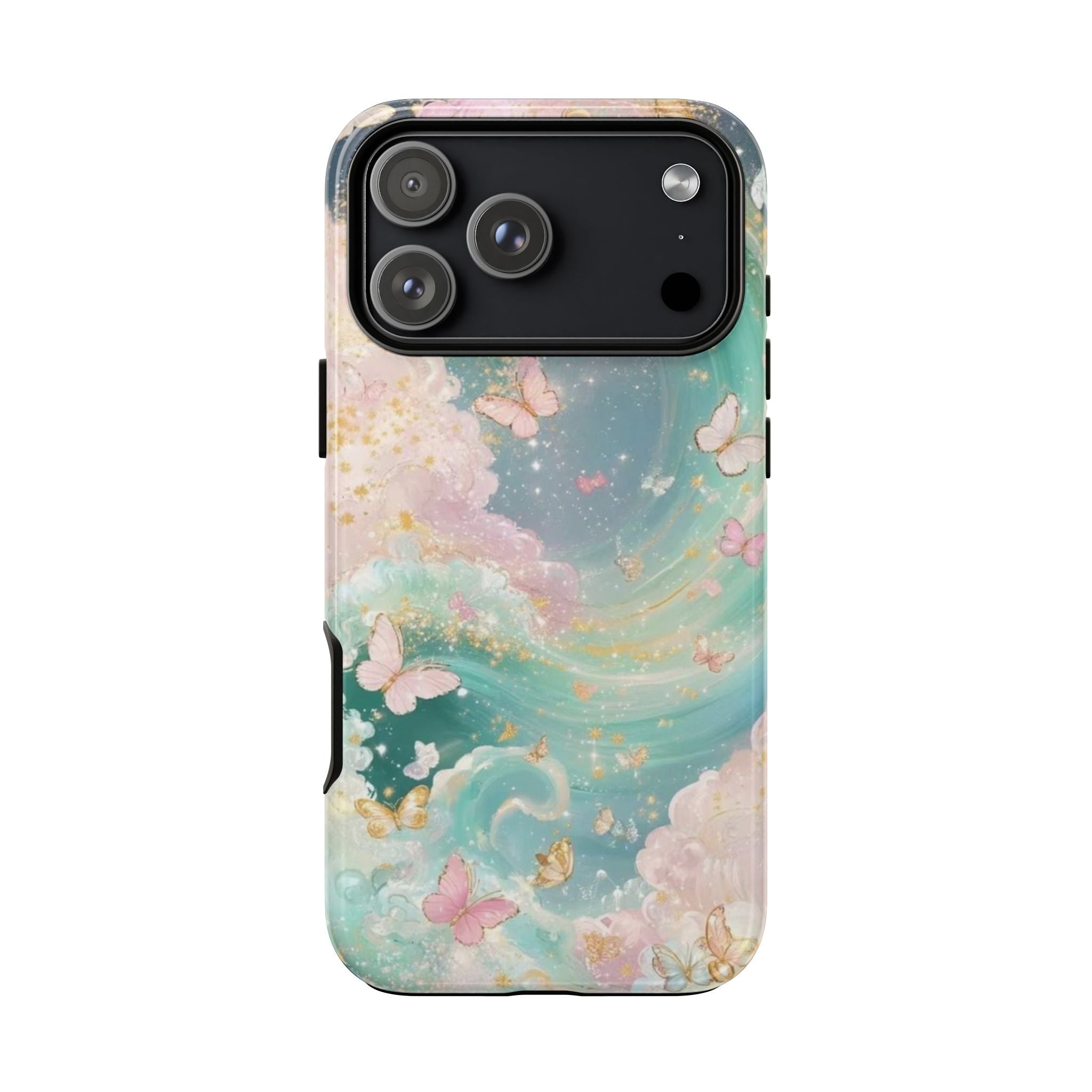 Butterfly sky phone case with teal and pink watercolor pattern and camera cutouts