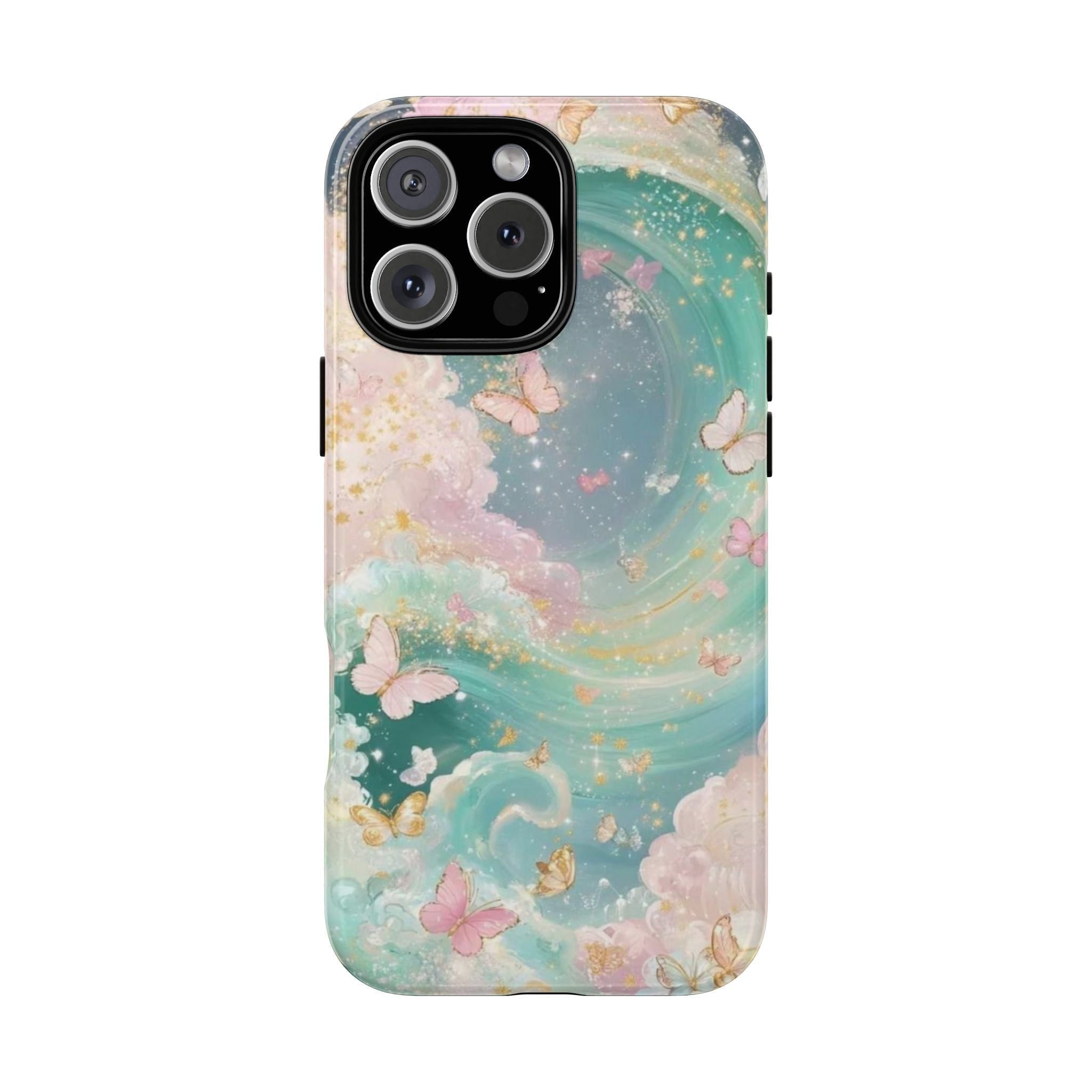 Butterfly sky phone case with teal clouds, pink butterflies, and gold speckles