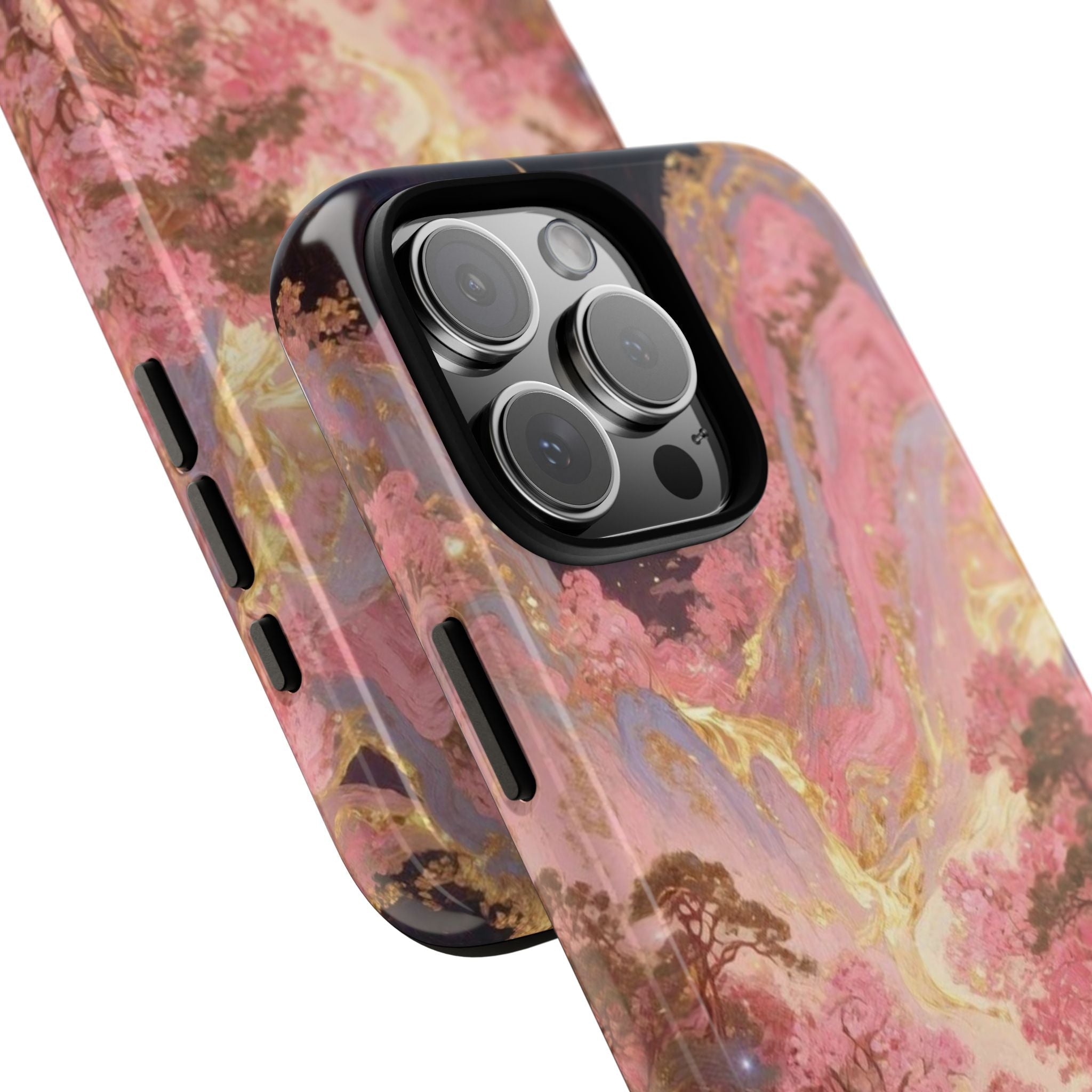 Side view of scenic pink-and-gold phone case with raised camera cutout and pagoda artwork