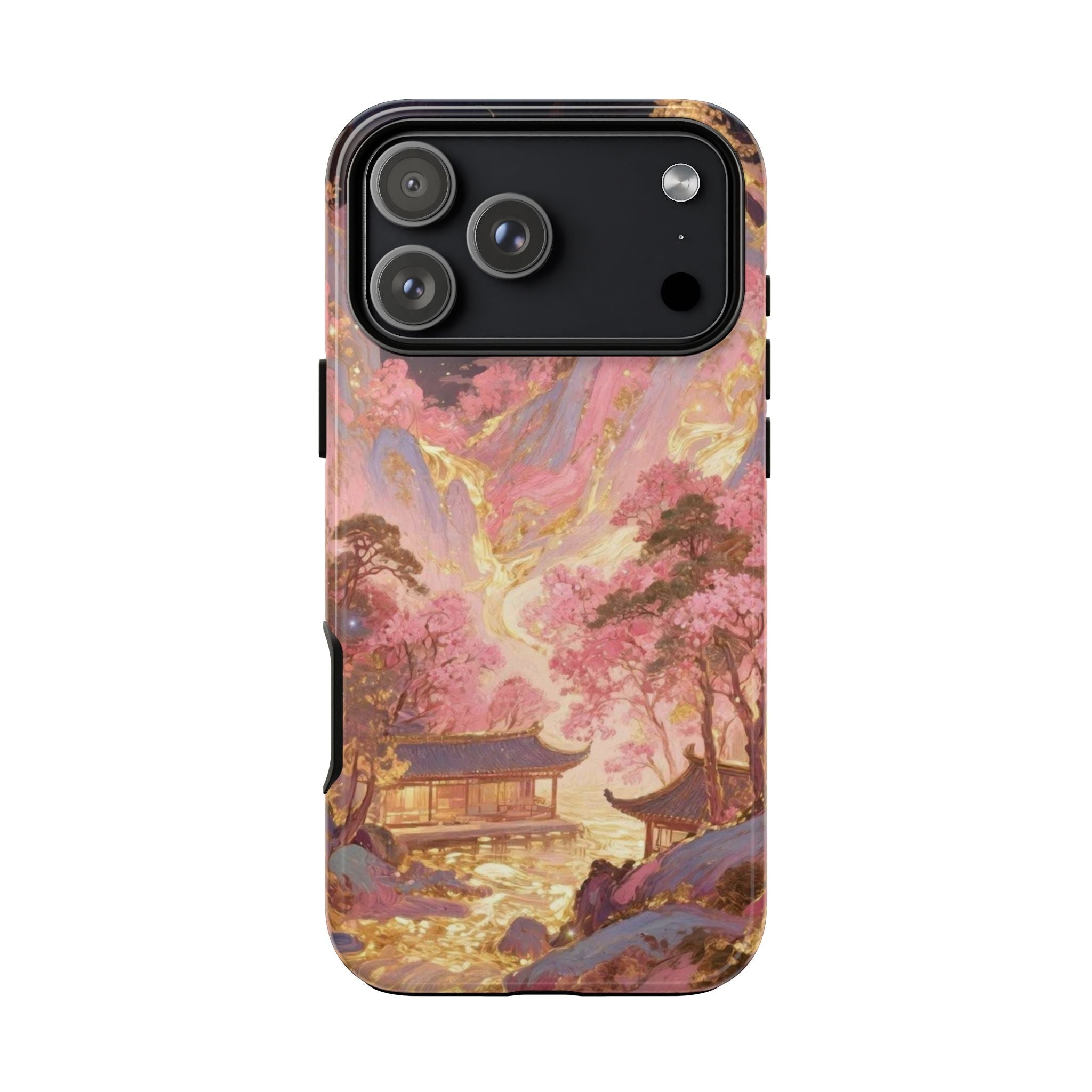 Scenic phone case with pink, gold, and dark purple artwork; pagoda scene around the edges