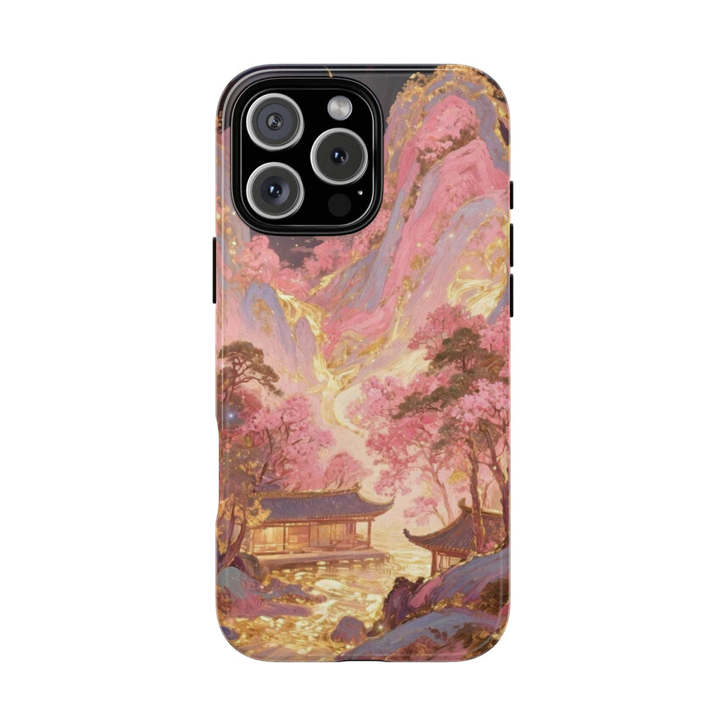 Phone case with pink and gold scenic artwork, featuring a rooftop pagoda and mountains