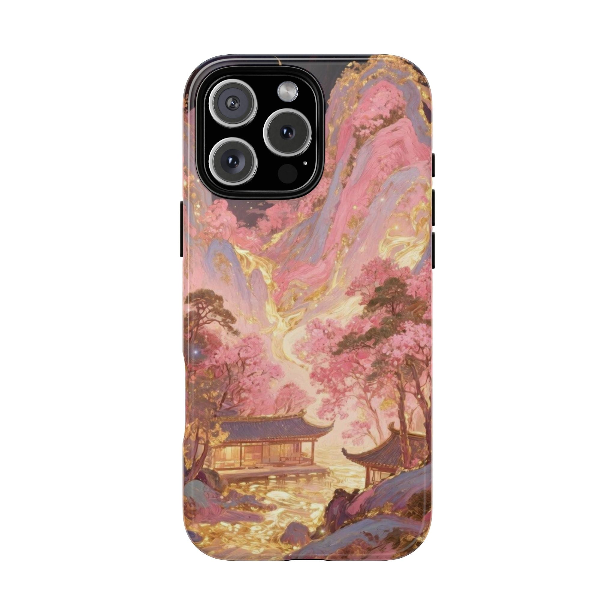 Phone case with pink and gold scenic artwork, featuring a rooftop pagoda and mountains
