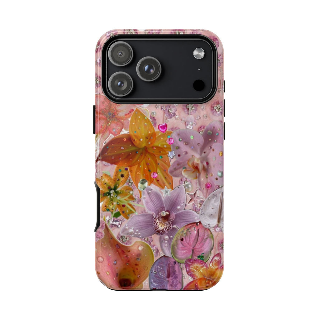 Back of pink floral beaded phone case with sparkly purple and orange blossoms