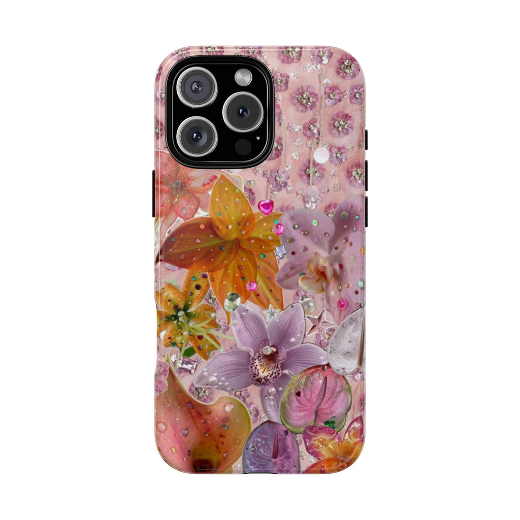 Pink floral beaded phone case with 3D purple and orange flowers