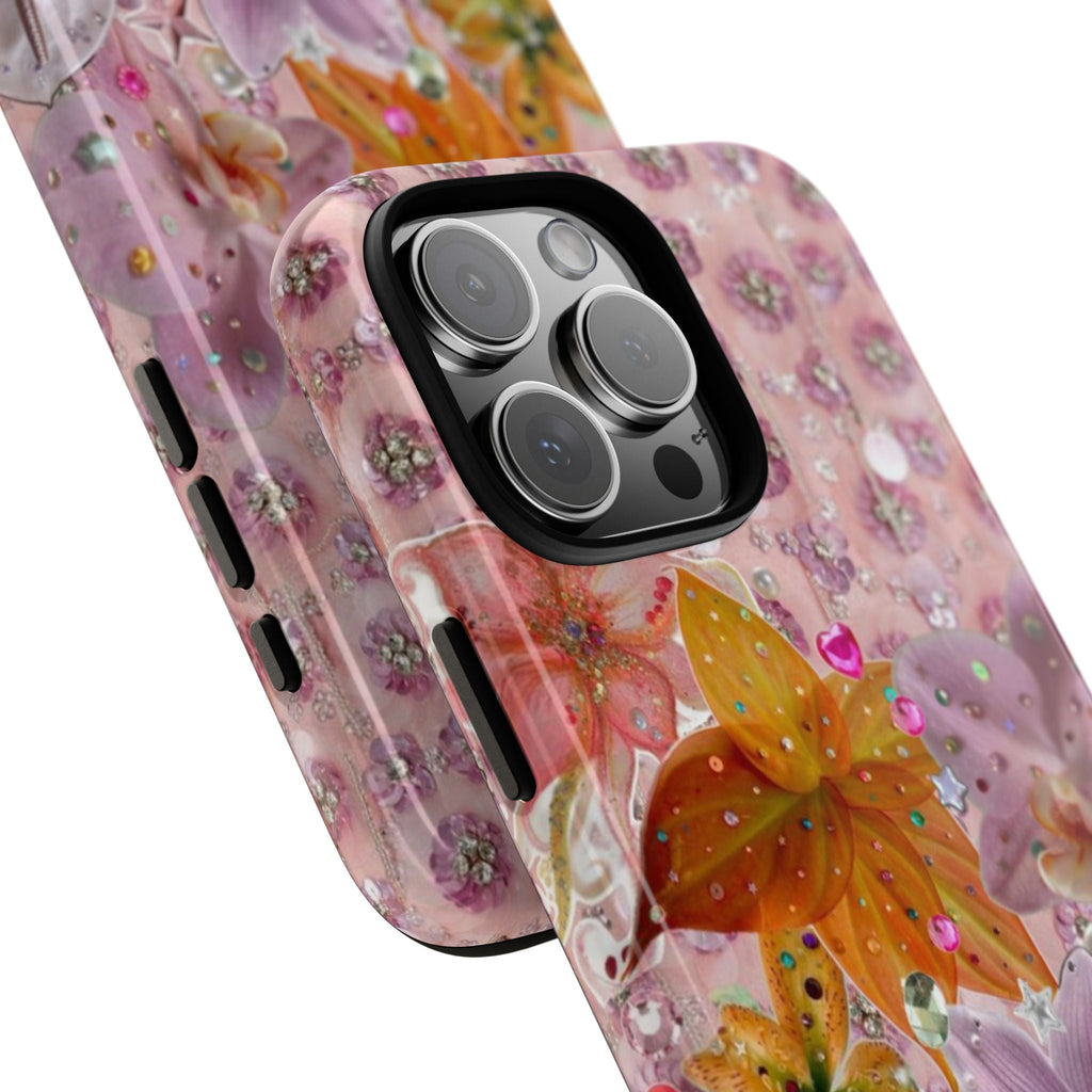 Pink floral beaded phone case side view with raised flower embellishments