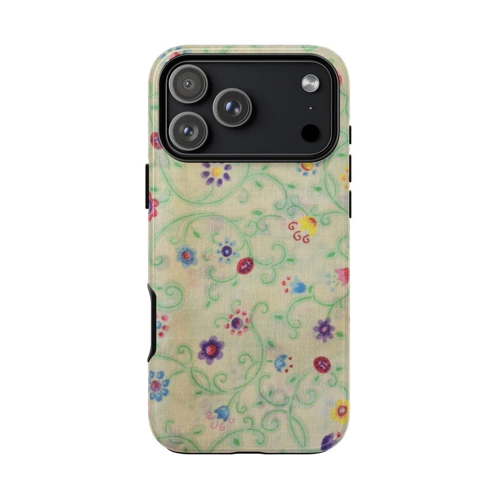 Pastel floral phone case with vines and blossoms; camera module cover design