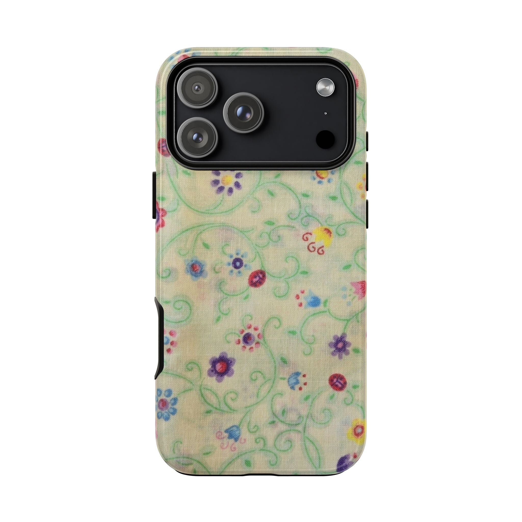 Pastel floral phone case with vines and blossoms; camera module cover design