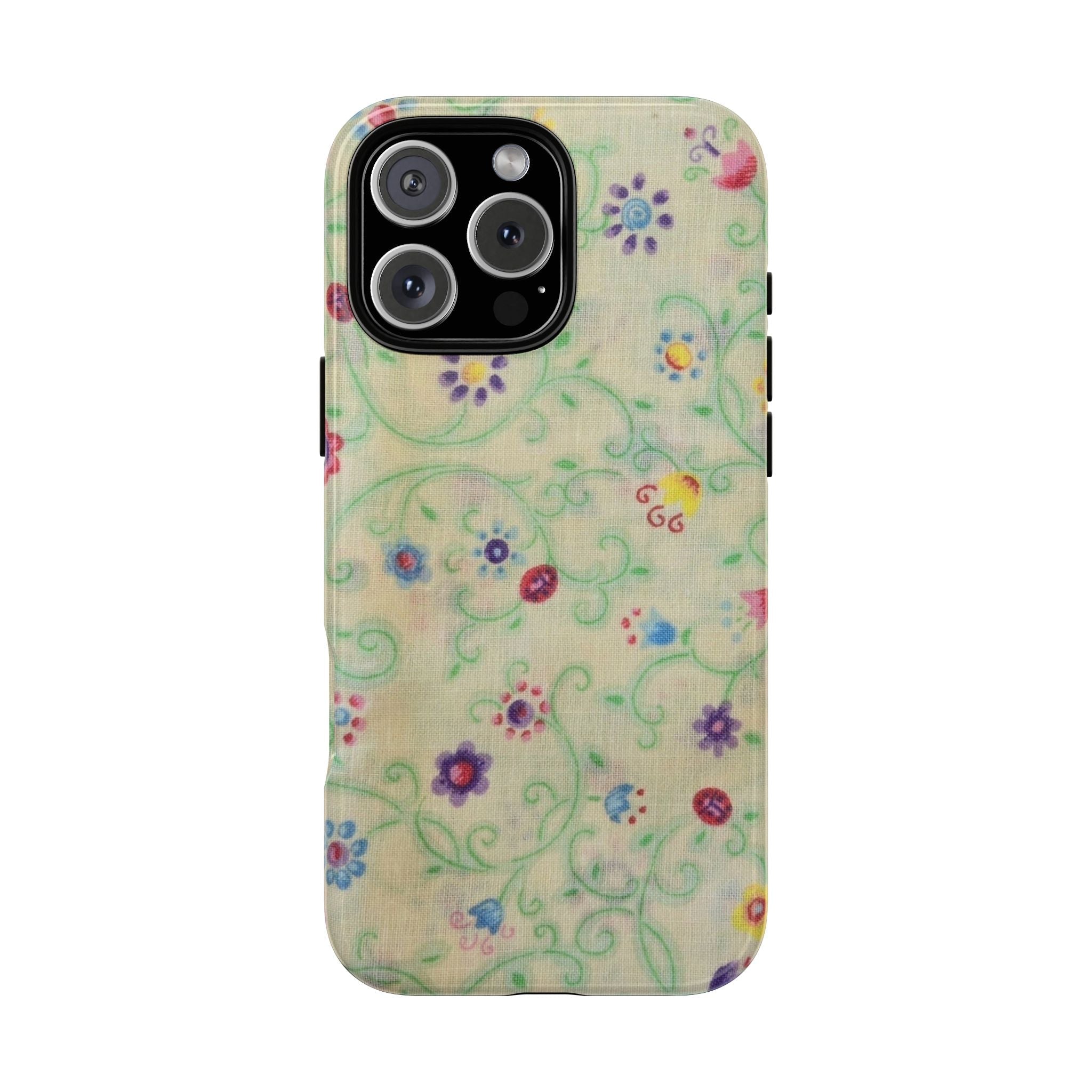 Floral phone case with pastel vines and flowers; raised camera cutouts