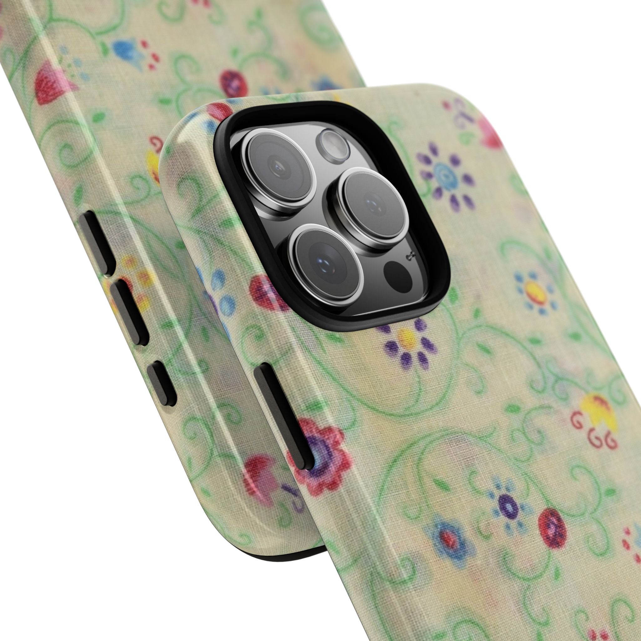 Pastel floral phone case, slim fit with side button openings and camera lens cutouts