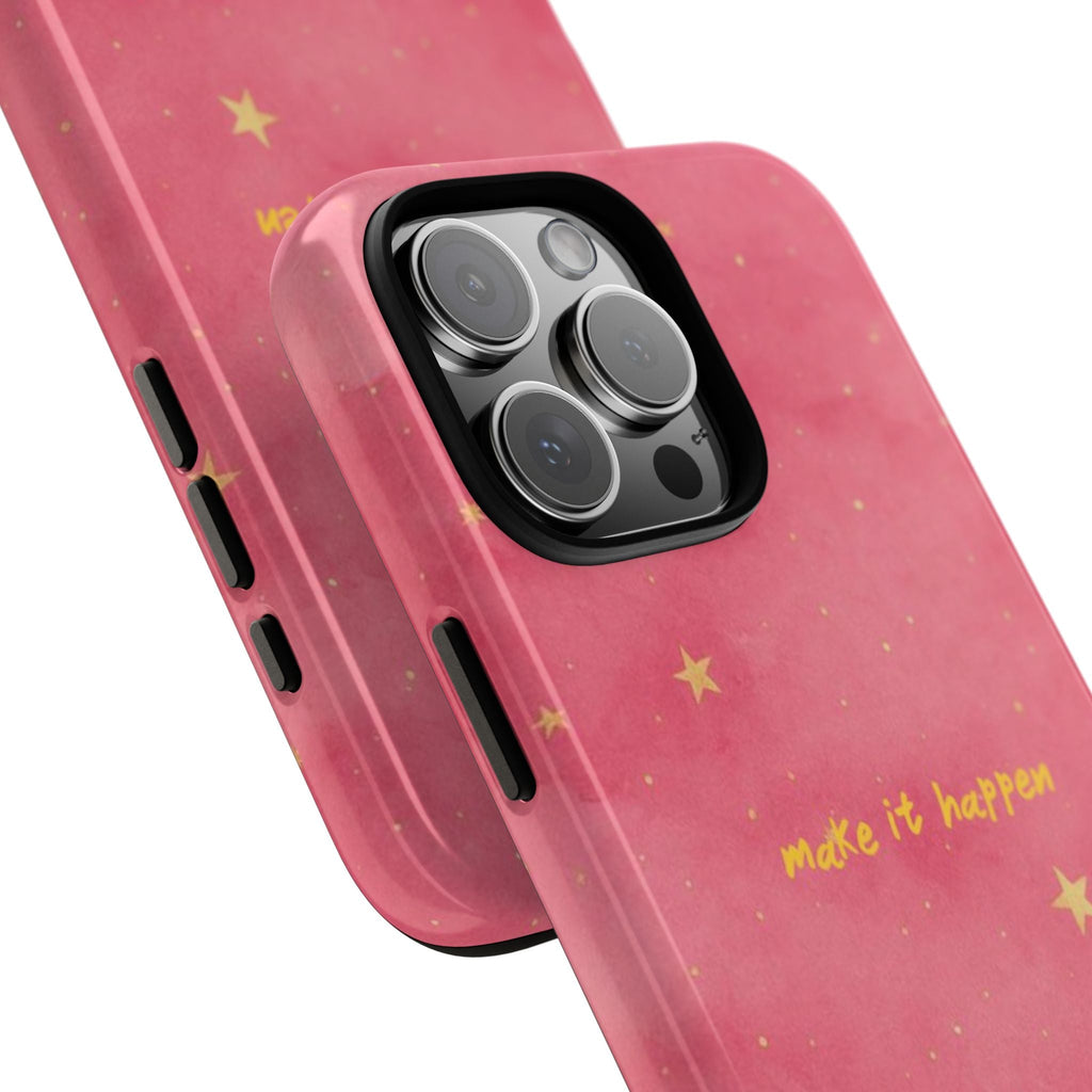 Angled pink phone case with gold stars, raised camera lenses, side button cutouts