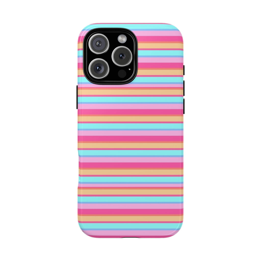 MALDIVES STRIPES phone case with pink, blue, and tan horizontal stripes