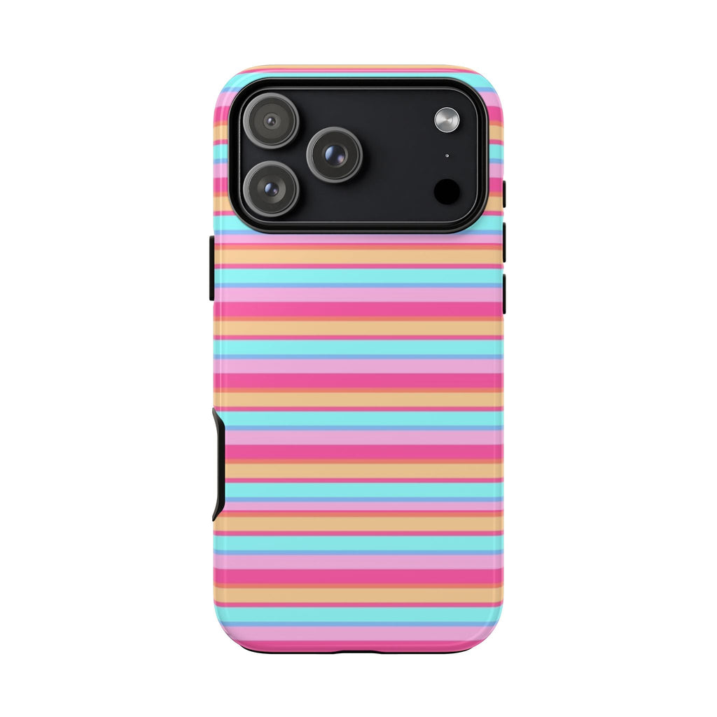MALDIVES STRIPES phone case in horizontal pink, blue, and tan stripes; camera cutout visible