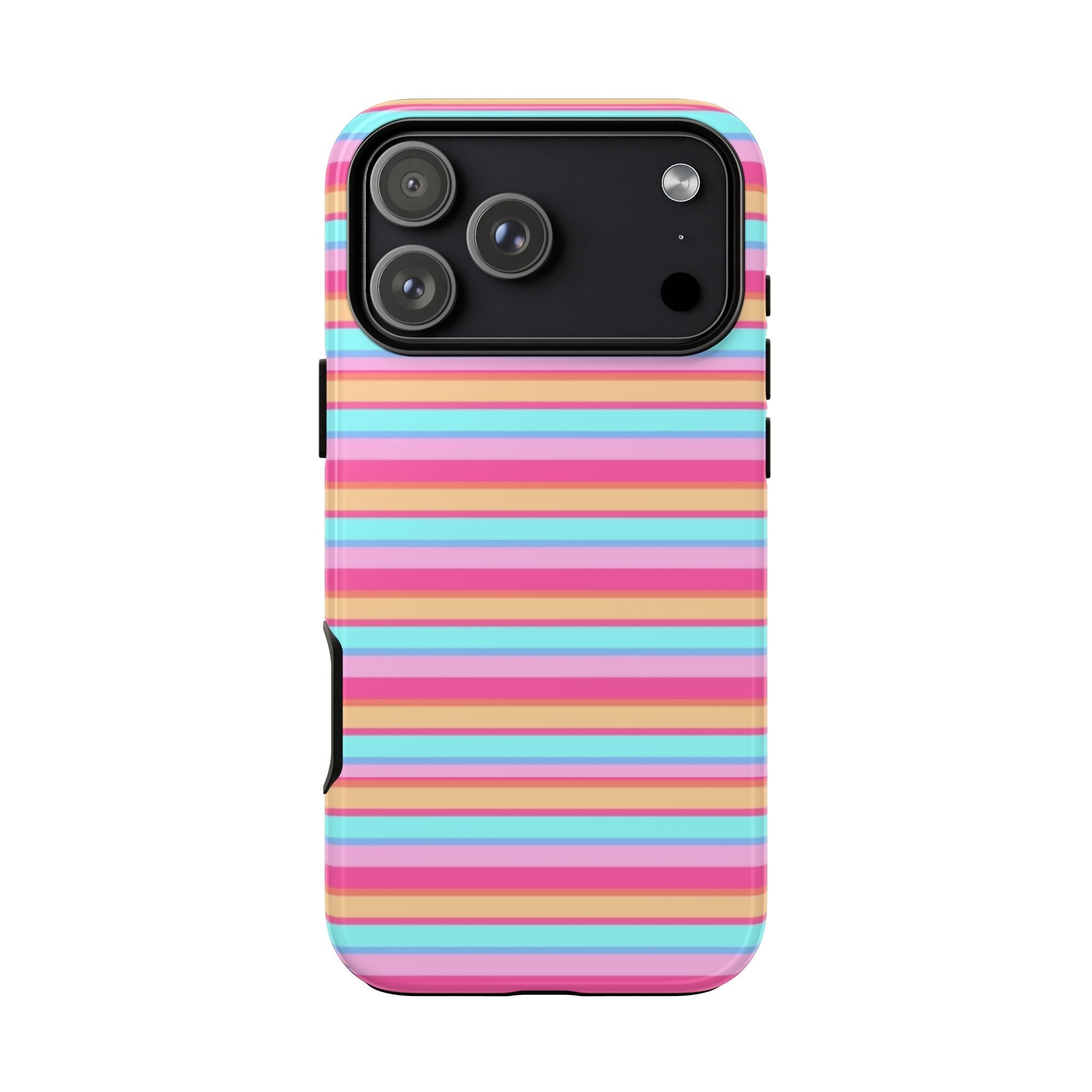 MALDIVES STRIPES phone case in horizontal pink, blue, and tan stripes; camera cutout visible