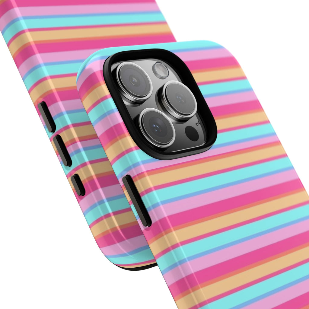 MALDIVES STRIPES phone case set, showing side grip cutouts on pink, blue, and tan stripes