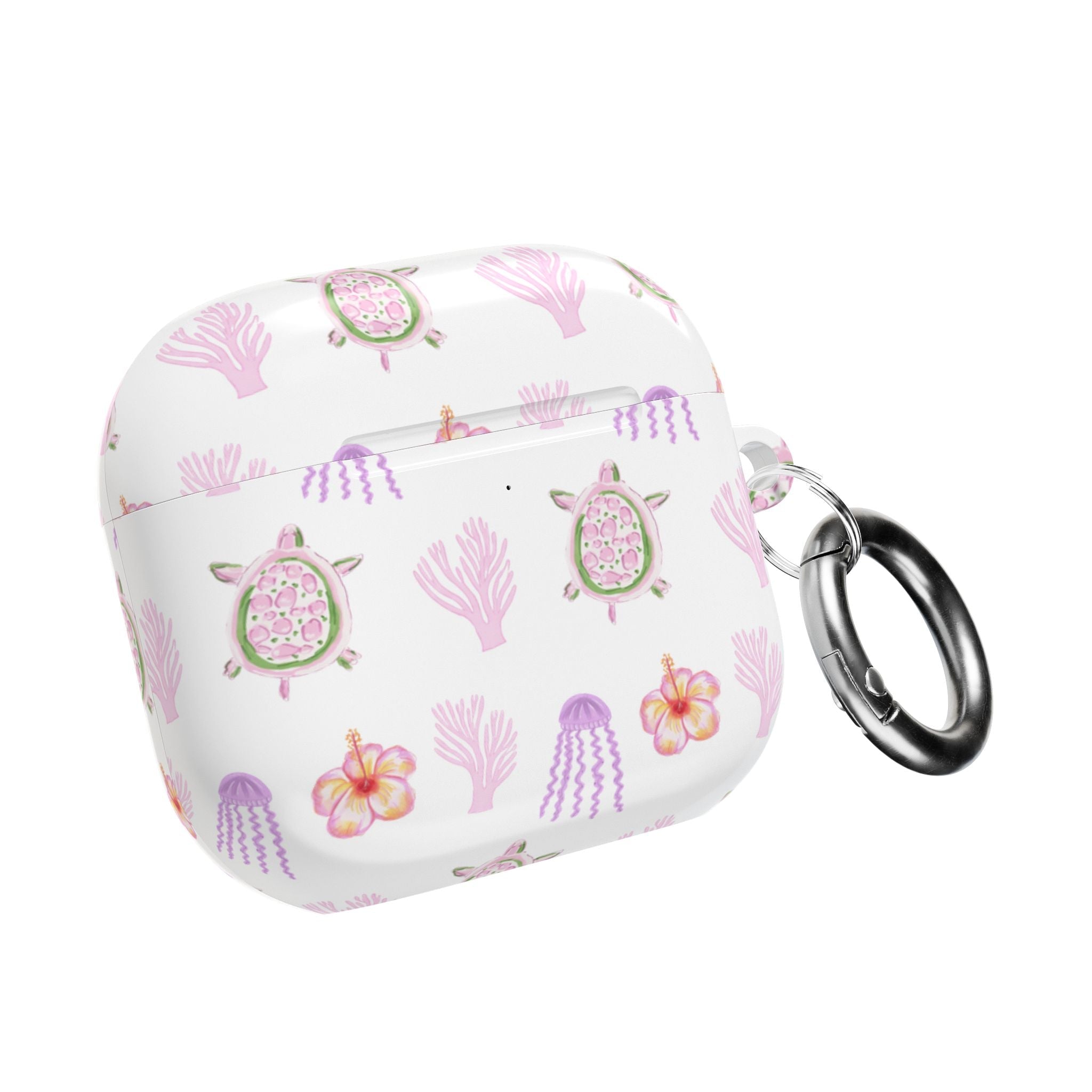 White AirPods case with sea turtle, coral and flower print; side view with keyring