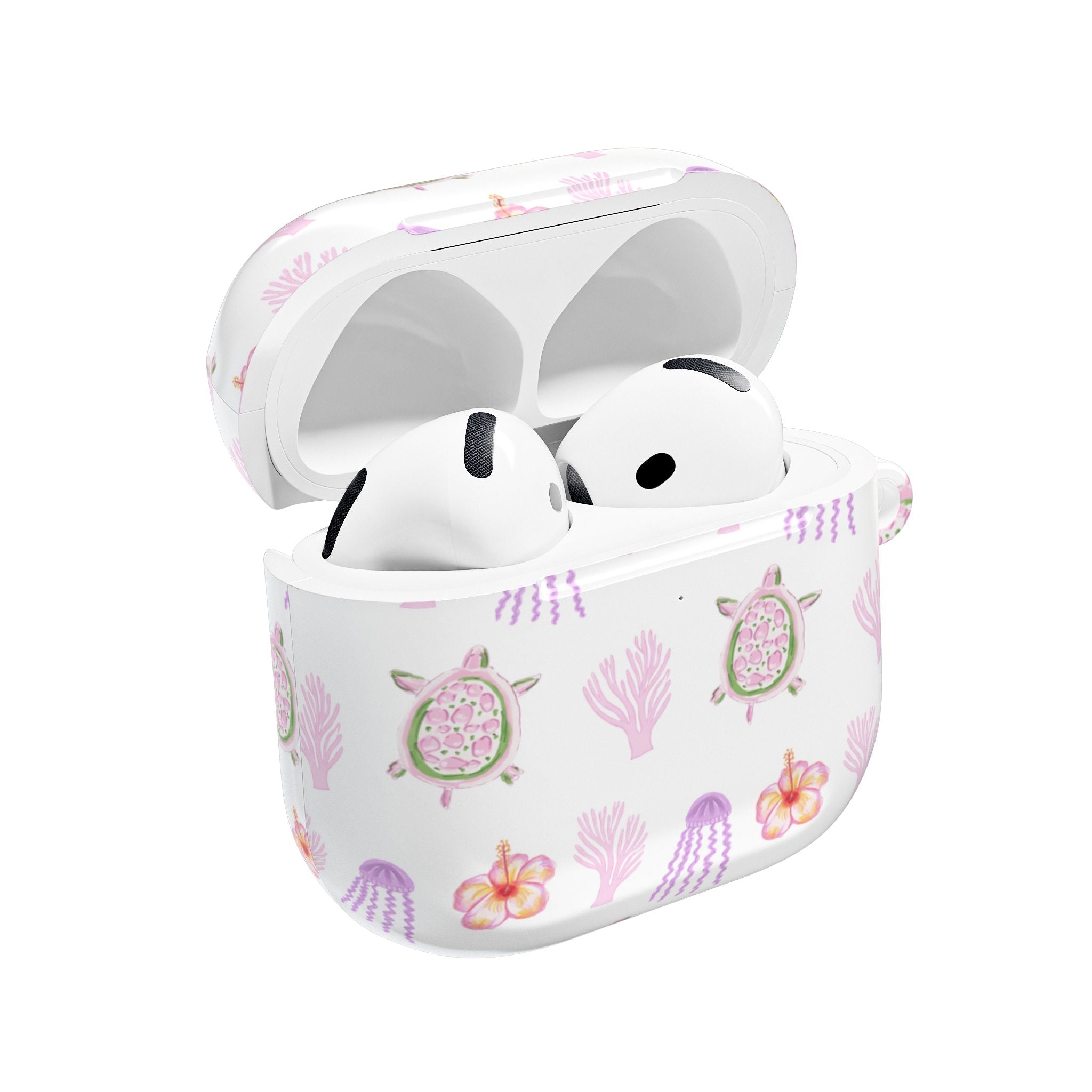 Coastline AirPods case with sea turtles, coral and flowers; earbuds inside