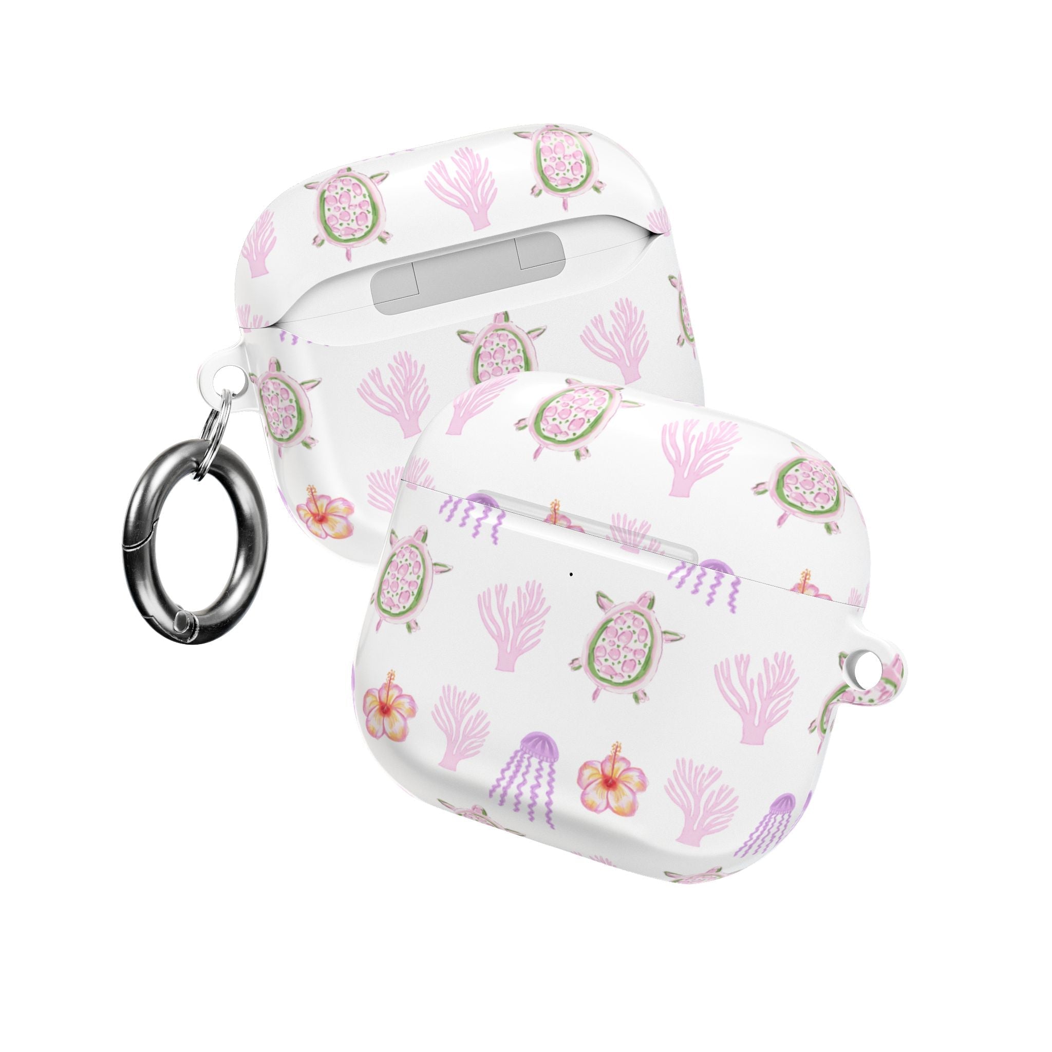 White AirPods case with sea turtle, coral and flower print; carabiner keyring attached