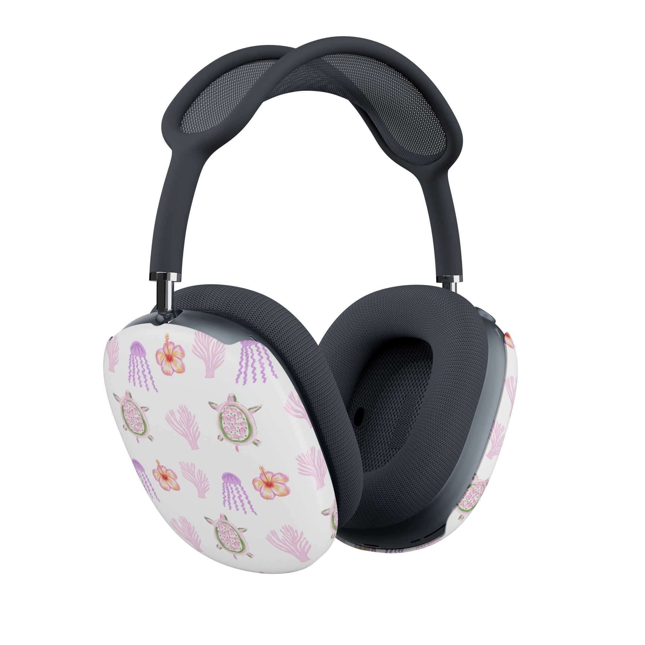 AirPods Max ear cup covers in white with purple sea plants, flowers, and turtles