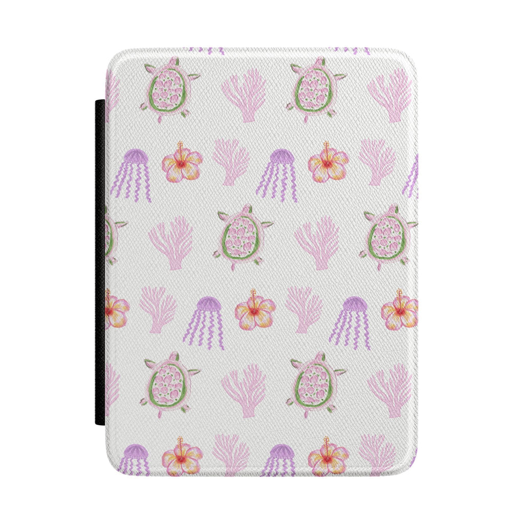 White hardcover Kindle case with colorful sea-life pattern, textured fabric finish